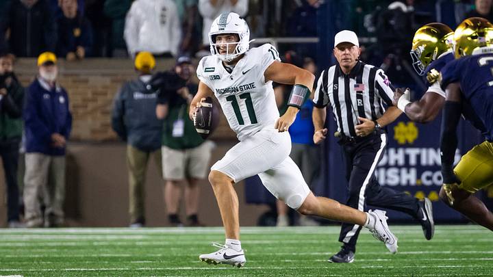 Sep 19, 2026; South Bend, Indiana, USA; Michigan State Spartans quarterback Alessio Milivojevic (11) runs with the ball against the Notre Dame Fighting Irish during the second half at Notre Dame Stadium. Mandatory Credit: Michael Caterina-Imagn Images