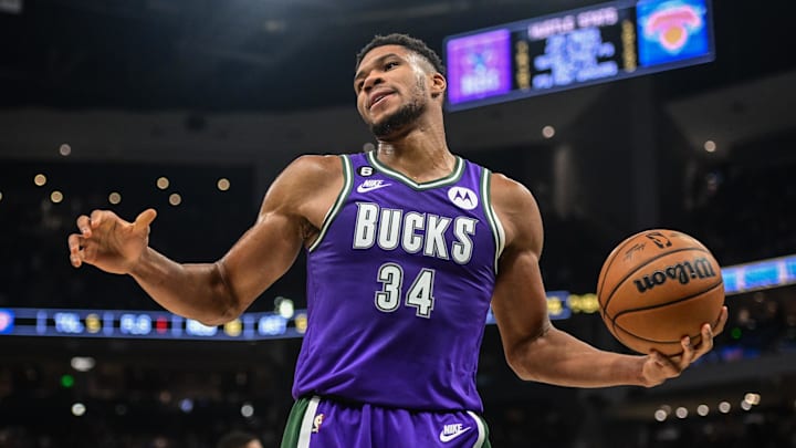 Milwaukee Bucks forward Giannis Antetokounmpo reacts in the second quarter against the New York Knicks at Fiserv Forum on October 28, 2022.