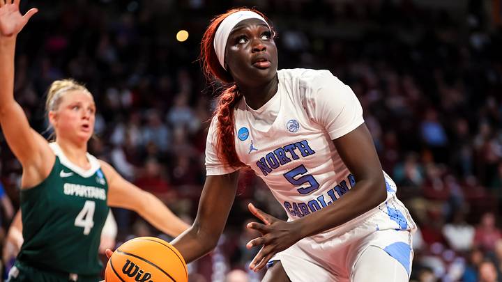 Mar 22, 2024; Columbia, SC, USA; North Carolina Tar Heels forward Maria Gakdeng (5) looks to score against the Michigan State Spartans in the second half at Colonial Life Arena. Mandatory Credit: Jeff Blake-USA TODAY Sports Mar 22, 2024; Columbia, SC, USA; North Carolina Tar Heels forward Maria Gakdeng (5) looks to score against the Michigan State Spartans in the second half at Colonial Life Arena. Mandatory Credit: Jeff Blake-USA TODAY Sports