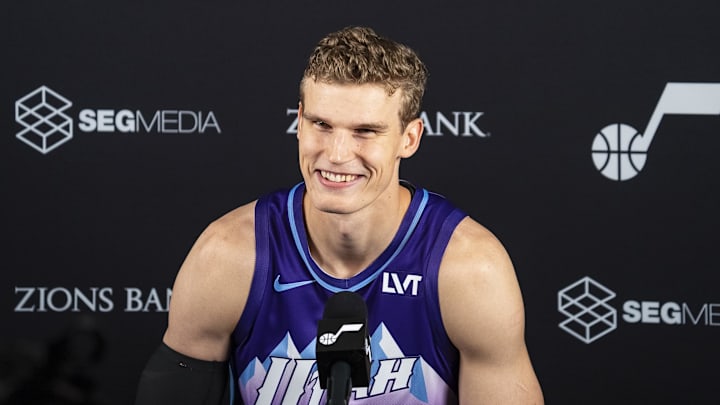 Sep 30, 2024; Salt Lake City, USA; Utah Jazz forward Lauri Markkanen (23) talks to the media during media day at Zions Bank Basketball Campus. Mandatory Credit: Utah Jazz via Imagn Images