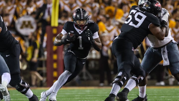 Sep 9, 2023; Minneapolis, Minnesota, USA; Minnesota Golden Gophers running back Darius Taylor (1) runs the ball against the Eastern Michigan Eagles during the third quarter at Huntington Bank Stadium. Mandatory Credit: Matt Krohn-USA TODAY Sports