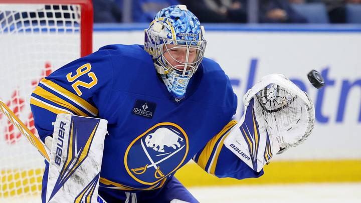 Buffalo Sabres goaltender Colten Ellis (92) looks to make a save during the third period against the Minnesota Wild at KeyBank Center. Mandatory Credit: Timothy T. Ludwig-Imagn Images