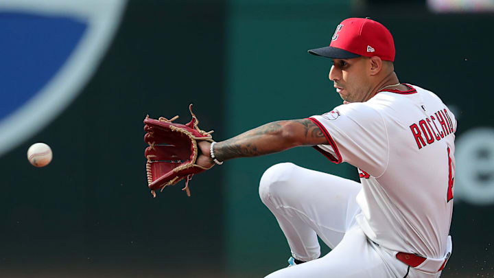 Cleveland Guardians shortstop Brayan Rocchio (4) gets in front of a ground ball hit by Detroit Tigers right fielder Wenceel Perez (46) during the fifth inning of Game 3 of the American League Wild Card Series at Progressive Field, Oct. 2, 2025, in Cleveland, Ohio. Cleveland Guardians shortstop Brayan Rocchio (4) gets in front of a ground ball hit by Detroit Tigers right fielder Wenceel Perez (46) during the fifth inning of Game 3 of the American League Wild Card Series at Progressive Field, Oct. 2, 2025, in Cleveland, Ohio.