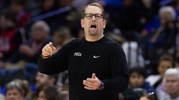 Nov 27, 2024; Philadelphia, Pennsylvania, USA; Philadelphia 76ers head coach Nick Nurse reacts during the third quarter against the Houston Rockets at Wells Fargo Center. Mandatory Credit: Bill Streicher-Imagn Images