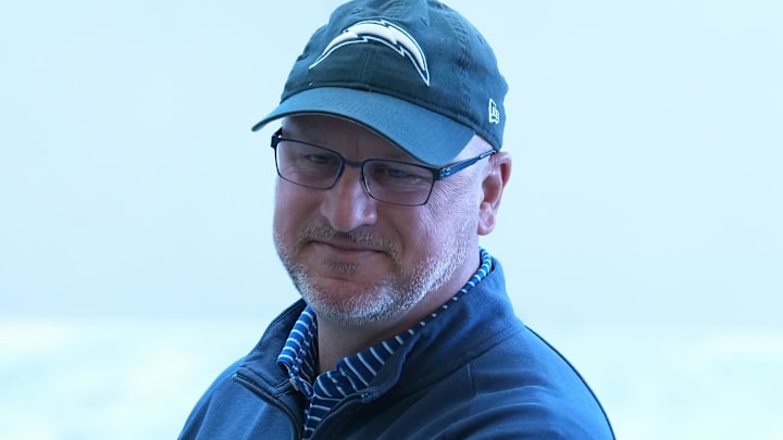 January 27, 2026; El Segundo, California, USA; Los Angeles general manager Joe Hortiz attends introductory press conference for offensive coordinator Mike McDaniel at The Bolt. Mandatory Credit: Kirby Lee-Imagn Images