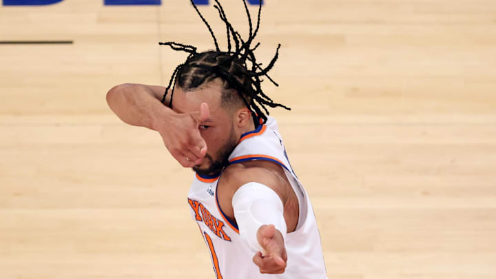 May 23, 2025; New York, New York, USA; New York Knicks guard Jalen Brunson (11) reacts in the first quarter against the Indiana Pacers during game two of the eastern conference finals for the 2025 NBA Playoffs at Madison Square Garden. Mandatory Credit: Vincent Carchietta-Imagn Images May 23, 2025; New York, New York, USA; New York Knicks guard Jalen Brunson (11) reacts in the first quarter against the Indiana Pacers during game two of the eastern conference finals for the 2025 NBA Playoffs at Madison Square Garden. Mandatory Credit: Vincent Carchietta-Imagn Images