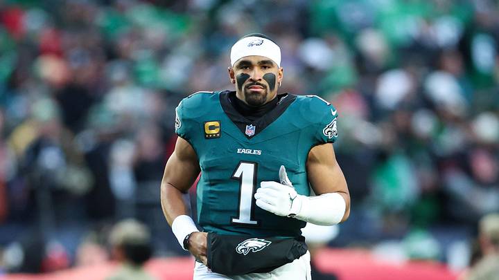 Jan 11, 2026; Philadelphia, PA, USA; Philadelphia Eagles quarterback Jalen Hurts (1) after the anthem against the San Francisco 49ers in an NFC Wild Card Round game at Lincoln Financial Field. Mandatory Credit: Bill Streicher-Imagn Images