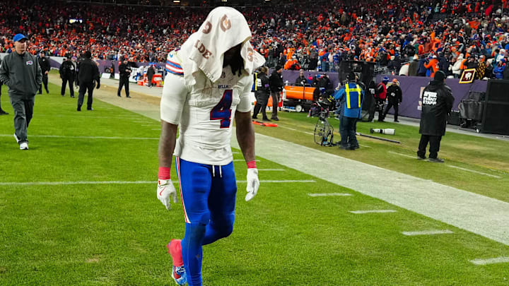 Jan 17, 2026; Denver, CO, USA; Buffalo Bills running back James Cook III (4) reacts after losing an AFC Divisional Round playoff game against the Denver Broncos at Empower Field at Mile High.