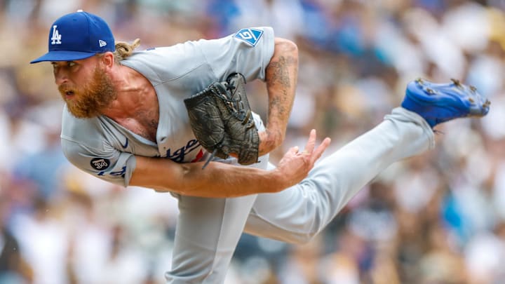 Jun 11, 2025; San Diego, California, USA; Los Angeles Dodgers relief pitcher Michael Kopech (45) throws a pitch during the seventh inning against the San Diego Padres at Petco Park. Mandatory Credit: David Frerker-Imagn Images