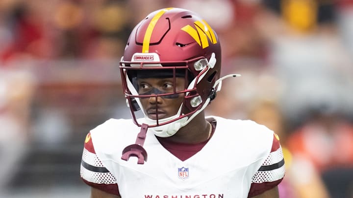 Sep 29, 2024; Glendale, Arizona, USA; Washington Commanders wide receiver Terry McLaurin (17) against the Arizona Cardinals at State Farm Stadium. Mandatory Credit: Mark J. Rebilas-Imagn Images