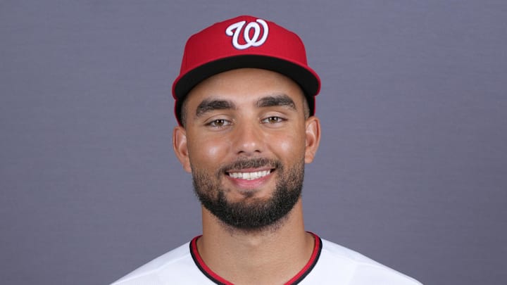 Washington Nationals catcher Harry Ford (17) poses for a portrait during photo day at CACTI Park of the Palm Beaches.