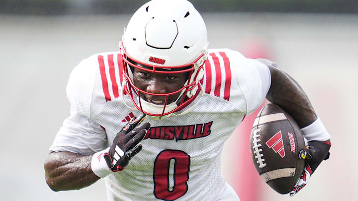 Louisville Cardinals senior wide receiver Chris Bell (0) during a recent practice on August 4, 2025 before the start of the 2025 football season. In 2024, Bell had 43 receptions for 737 yards with four touchdowns. He averaged 17.1 yards per catch.