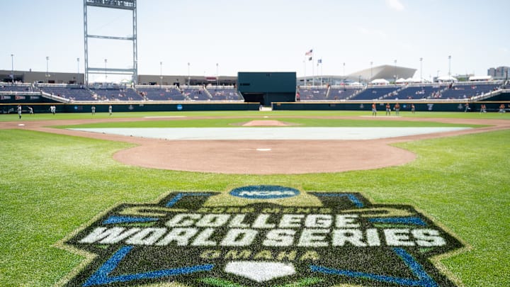 Jun 19, 2022; Omaha, NE, USA; The 2022 NCAA College World Series logo is pictured on the field before the game between the Texas Longhorns and the Texas A&M Aggies at Charles Schwab Field. Mandatory Credit: Dylan Widger-Imagn Images