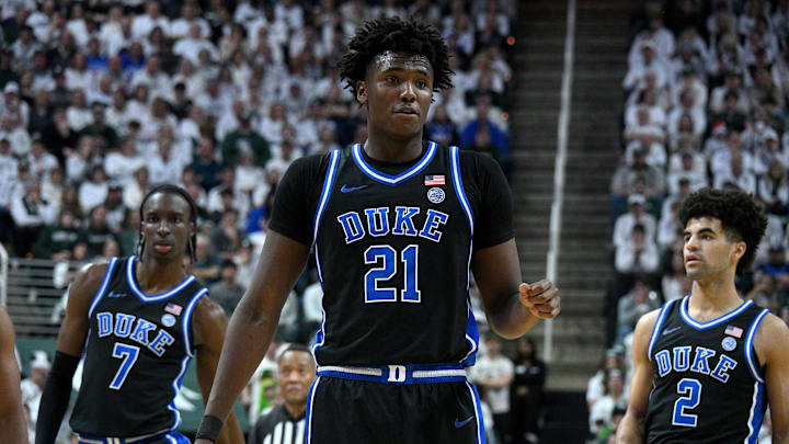 Dec 6, 2025; East Lansing, Michigan, USA;  Duke Blue Devils center Patrick Ngongba (21) during the first half against the Michigan State Spartans at Jack Breslin Student Events Center.