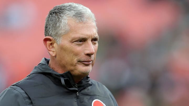 Cleveland Browns defensive coordinator Jim Schwartz watches the team warm up before an NFL football game at Huntington Bank Field, Nov. 16, 2025, in Cleveland, Ohio.