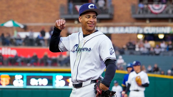 Columbus Clippers infielder Juan Brito (24) laughs during the game against the St. Paul Saints at Huntington Park on Tuesday, April 1, 2025 in Columbus, Ohio.