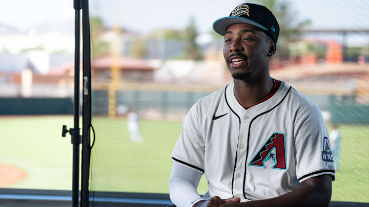Gino Groover gives an interview during the Arizona Fall League media day at Scottsdale Stadium on Oct. 4, 2024, in Scottsdale, Arizona.