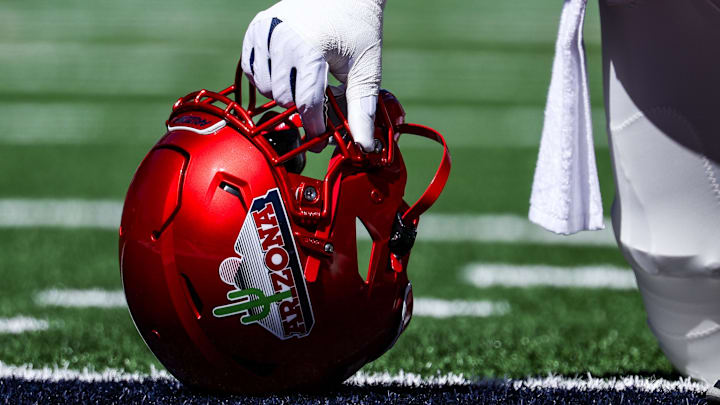 Oct 4, 2025; Tucson, Arizona, USA; The helmet of an Arizona Wildcats player is seen in the end zone before the ga,e against the Oklahoma State Cowboys at Arizona Stadium. Mandatory Credit: Aryanna Frank-Imagn Images