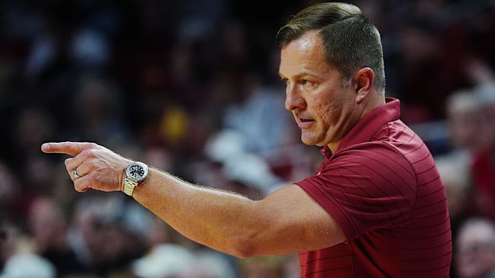 Iowa State Cyclones men's basketball head coach T.J. Otzelberger calls a play during the second half against Oklahoma State in the Big-12 men’s basketball on Jan. 10, 2026, at Hilton Coliseum in Ames, Iowa.