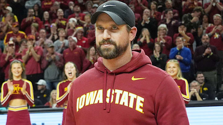 Iowa State football coach Jimmy Rogers speaks during a timeout in the first half in the Iowa State and Iowa men’s basketball Cy-Hawk series at Hilton coliseum on Dec. 11, 2025, in Ames, Iowa.