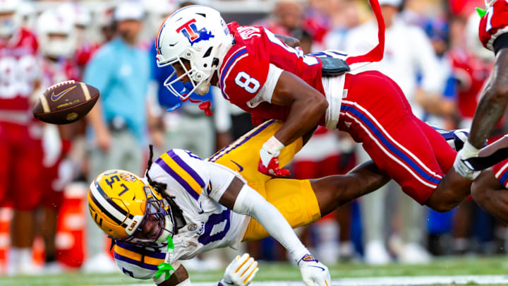 Jacob Fields 8 breaks up a pass intended for Reciever Zavion Thomas 0, LSU Tigers take on the Louisiana Tech. Sept 6, 2025; Baton Rouge, Louisiana, USA; at Tiger Stadium.