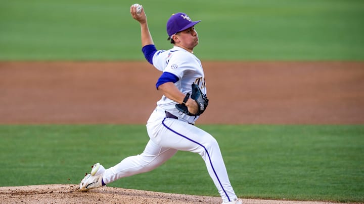 Starting pitcher Gage Jump on the mound as the LSU Tigers take on the Vanderbilt Commodores at Alex Box Stadium in Baton Rouge, La., on April 5, 2024.