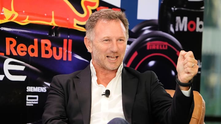 Christian Horner, Team Principal of Oracle Red Bull Racing, speaks at the Red Bull Fan Zone, a