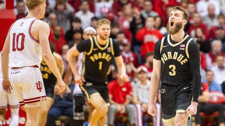Purdue's Braden Smith (3) celebrates a three-pointer during the Indiana versus Purdue mens basketball game at Simon Skjodt Assembly Hall on Sunday, Feb. 23, 2025. Purdue's Braden Smith (3) celebrates a three-pointer during the Indiana versus Purdue mens basketball game at Simon Skjodt Assembly Hall on Sunday, Feb. 23, 2025.