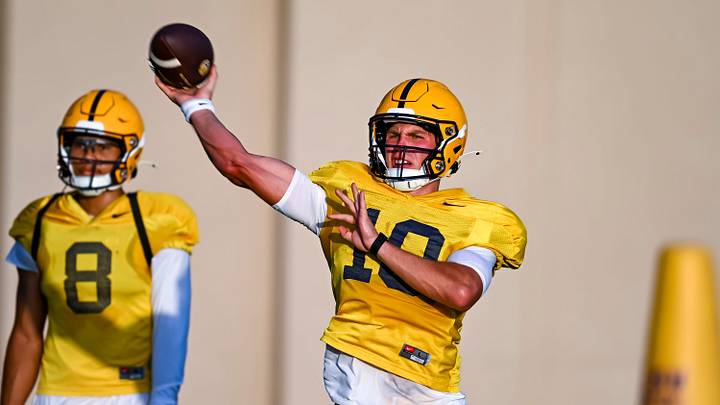 Quarterback Sam Leavitt 10 during LSU Football practice. August 18, 2026. Quarterback Sam Leavitt 10 during LSU Football practice. August 18, 2026.