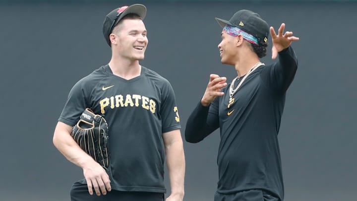 Jul 17, 2023; Pittsburgh, Pennsylvania, USA;  Pittsburgh Pirates catcher Henry Davis (left) and