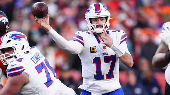 Buffalo Bills quarterback Josh Allen (17) throws a touchdown pass during the third quarter of an AFC Divisional Round playoff game 