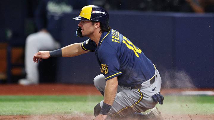 Oct 26, 2026; St. Petersburg, Florida, USA; Milwaukee Brewers outfielder Sal Frelick (10) scores against the Tampa Bay Rays during the fifth inning in game three of the 2026 World Series at Tropicana Field. Mandatory Credit: Nathan Ray Seebeck-Imagn Images Oct 26, 2026; St. Petersburg, Florida, USA; Milwaukee Brewers outfielder Sal Frelick (10) scores against the Tampa Bay Rays during the fifth inning in game three of the 2026 World Series at Tropicana Field. Mandatory Credit: Nathan Ray Seebeck-Imagn Images