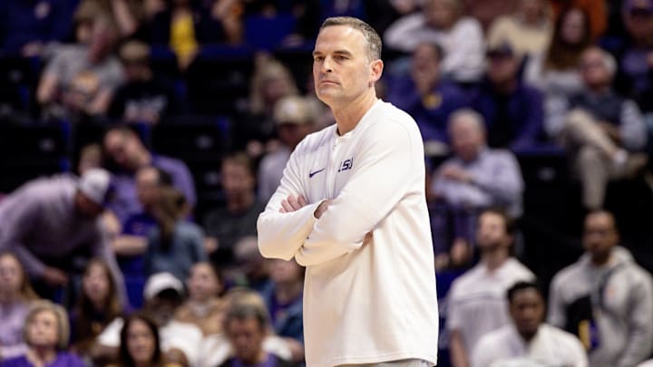 Feb 24, 2024; Baton Rouge, Louisiana, USA; LSU Tigers head coach Matt McMahon looks on against the Feb 24, 2024; Baton Rouge, Louisiana, USA; LSU Tigers head coach Matt McMahon looks on against the