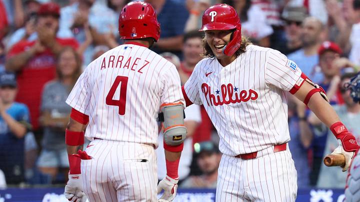 Aug 5, 2026; Philadelphia, Pennsylvania, USA; Philadelphia Phillies second baseman Luis Arraez (4) reacts withthird baseman Alec Bohm (28) after hitting a home run during the second inning against the Washington Nationals at Citizens Bank Park. Mandatory Credit: Bill Streicher-Imagn Images Aug 5, 2026; Philadelphia, Pennsylvania, USA; Philadelphia Phillies second baseman Luis Arraez (4) reacts withthird baseman Alec Bohm (28) after hitting a home run during the second inning against the Washington Nationals at Citizens Bank Park. Mandatory Credit: Bill Streicher-Imagn Images