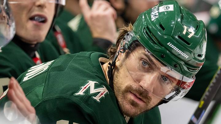 Dec 20, 2024; Saint Paul, Minnesota, USA;  Minnesota Wild forward Marcus Foligno (17) looks down the bench against the Utah Hockey Club during the second period at Xcel Energy Center. Mandatory Credit: Nick Wosika-Imagn Images
