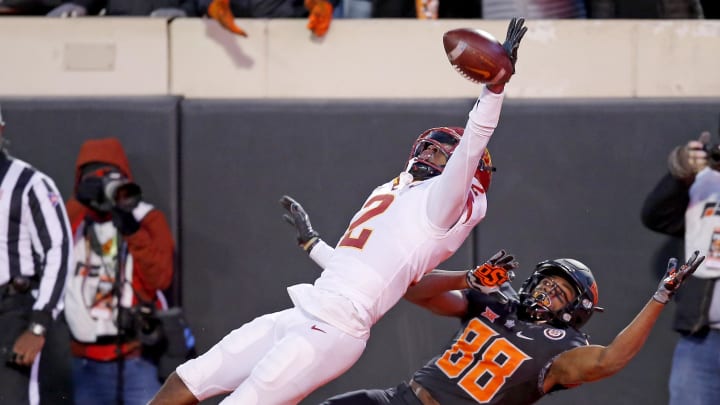 Nov 12, 2022; Stillwater, Oklahoma, USA;  Iowa State Cyclones defensive back T.J. Tampa (2) deflects a pass intended for Oklahoma State Cowboys wide receiver Langston Anderson (88) in the fourth quarter at Boone Pickens Stadium. OSU won 20-14. Mandatory Credit: Sarah Phipps-USA TODAY Sports