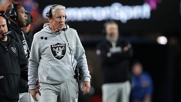 Nov 6, 2025; Denver, Colorado, USA; Las Vegas Raiders head coach Pete Carroll during the first half at Empower Field at Mile High. Mandatory Credit: Isaiah J. Downing-Imagn Images