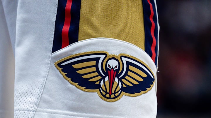 Nov 2, 2023; New Orleans, Louisiana, USA;  Detailed view of the New Orleans Pelicans logo against the Detroit Pistons during the first half at the Smoothie King Center. 