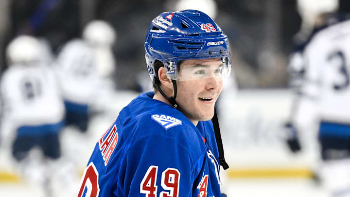Mar 22, 2026; New York, New York, USA; New York Rangers right wing Jaroslav Chmelar (49) warms up before a game against the Winnipeg Jets at Madison Square Garden. Mandatory Credit: John Jones-Imagn Images