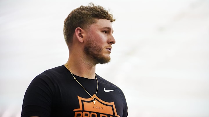 Former Longhorns Quinn Ewers participates in Texas' Pro Day at the Texas Football Training Facility on Tuesday, March 25, 2025.