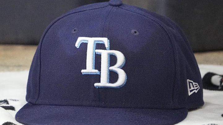 Mar 30, 2026; Milwaukee, Wisconsin, USA; A detailed view of the Tampa Bay Rays hat at American Family Field. 