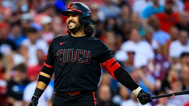 Aug 14, 2026: incinnati Reds designated hitter Eugenio Suarez (28) reacts after striking out in the eighth inning against the Miami Marlins at Great American Ball Park. Credit: Katie Stratman-Imagn Images