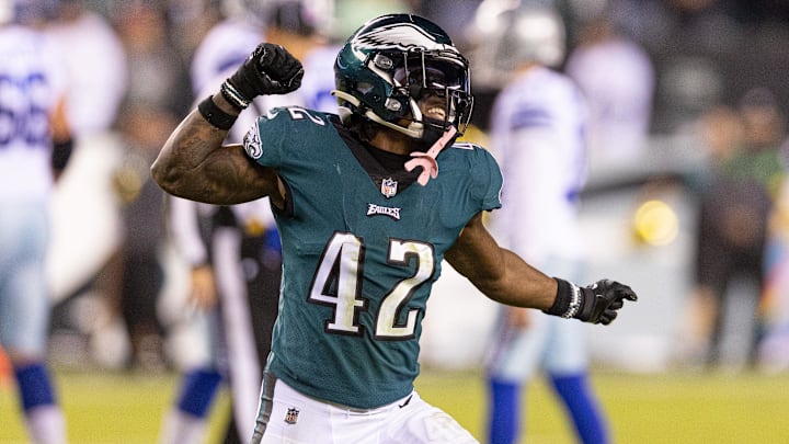 Oct 16, 2022; Philadelphia, Pennsylvania, USA; Philadelphia Eagles safety K'Von Wallace (42) reacts to a defensive stop against the Dallas Cowboys during the fourth quarter at Lincoln Financial Field. 