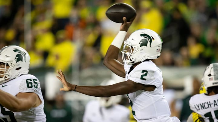 Michigan State Spartans quarterback Aidan Chiles throws out a pass as the Ducks host the Spartans Friday, Oct. 4, 2024 at Autzen Stadium in Eugene, Ore. Michigan State Spartans quarterback Aidan Chiles throws out a pass as the Ducks host the Spartans Friday, Oct. 4, 2024 at Autzen Stadium in Eugene, Ore.