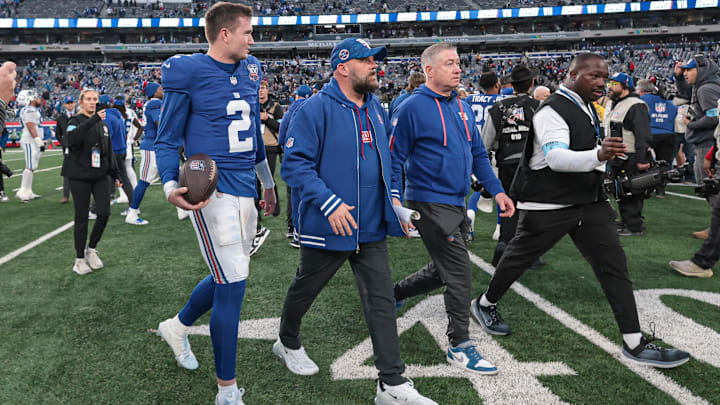 Dec 29, 2024; East Rutherford, New Jersey, USA; New York Giants quarterback Drew Lock (2) and head coach Brian Daboll walks off the field after defeating the Indianapolis Colts at MetLife Stadium. Dec 29, 2024; East Rutherford, New Jersey, USA; New York Giants quarterback Drew Lock (2) and head coach Brian Daboll walks off the field after defeating the Indianapolis Colts at MetLife Stadium.