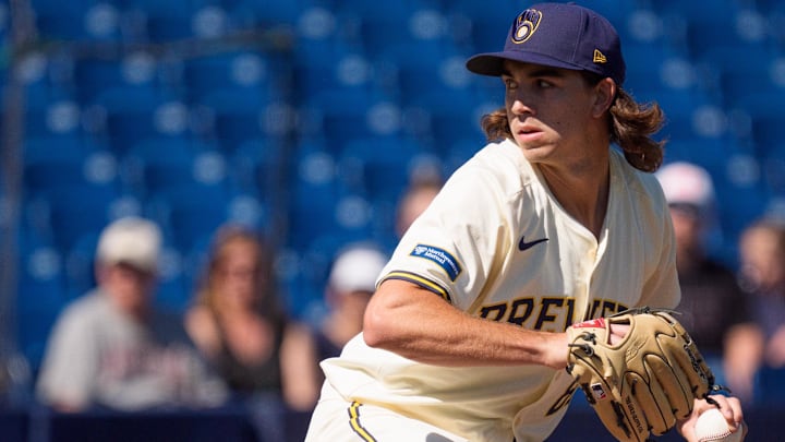Mar 1, 2024; Phoenix, Arizona, USA;  Milwaukee Brewers pitcher Robert Gasser (85) on the mound in
