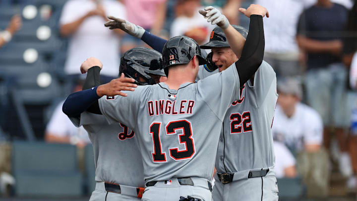 Jun 22, 2025; Tampa, Florida, USA; Detroit Tigers center fielder Parker Meadows (22) celebrates after hitting a three run home run against the Tampa Bay Rays in the ninth inning at George M. Steinbrenner Field.