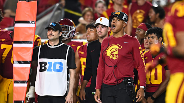 USC Trojans defensive coordinator D'Anton Lynn reacts against the Utah State Aggies during the fourth quarter at United Airlines Field at Los Angeles Memorial Coliseum.