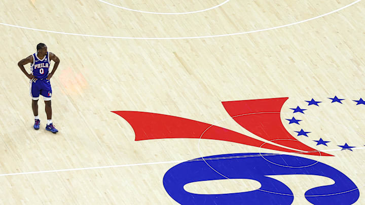 Feb 24, 2025; Philadelphia, Pennsylvania, USA; Philadelphia 76ers guard Tyrese Maxey (0) looks on during the second quarter against the Chicago Bulls at Wells Fargo Center. Mandatory Credit: Bill Streicher-Imagn Images Feb 24, 2025; Philadelphia, Pennsylvania, USA; Philadelphia 76ers guard Tyrese Maxey (0) looks on during the second quarter against the Chicago Bulls at Wells Fargo Center. Mandatory Credit: Bill Streicher-Imagn Images
