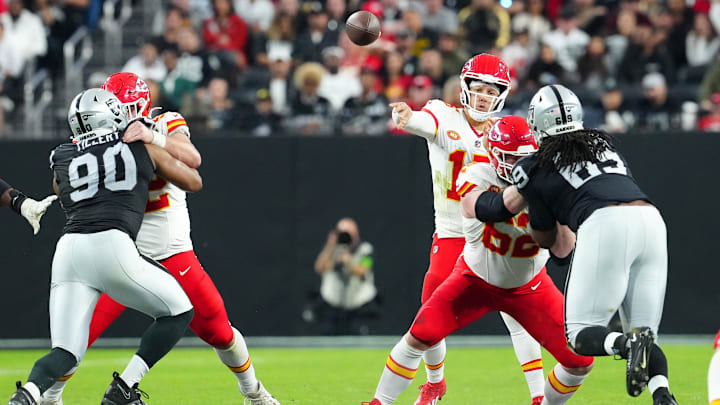 Nov 26, 2023; Paradise, Nevada, USA; Kansas City Chiefs quarterback Patrick Mahomes (15) makes a